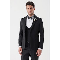 İmza Siyah Desenli Armürlü Çıkarılabilir Şal Yaka Kruvaze 6 Drop Slim Fit Smokin Damatlık Takım 1001230214-Siyah İmza Siyah Desenli Armürlü Çıkarılabilir Şal Yaka Kruvaze 6 Drop Slim Fit Smokin Damatlık Takım 1001230214-Siyah