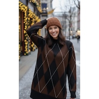 Sayzen Your Shine Kadin Baklava Argyle Desenli Kazak-elbise Sy-2517 Kahve