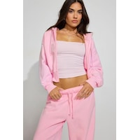 Pembe Crop Kapşonlu Fermuarlı Kadın Sweatshirt Mg2608 Pembe Pembe Crop Kapşonlu Fermuarlı Kadın Sweatshirt Mg2608 Pembe