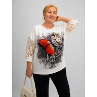 La Velina Büyük Beden Kelebek Ve Çiçek İşlemeli Taş Detaylı Tül Kollu Kadın Bluz Ekru La Velina Büyük Beden Kelebek Ve Çiçek İşlemeli Taş Detaylı Tül Kollu Kadın Bluz Ekru