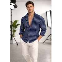 Erkek İki Çizgili Regular Relaxed Fit Uzun Kollu Gömlek Lacivert