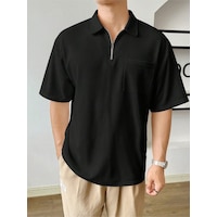 Genius Store Erkek Oversize Polo Yaka Waffle T-shirt Poloyaka-fermuarlı Siyah Genius Store Erkek Oversize Polo Yaka Waffle T-shirt Poloyaka-fermuarlı Siyah