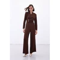 Sateen Fiyonk Aksesuarlı Krep Tulum - Kahve-136701 Kahve Sateen Fiyonk Aksesuarlı Krep Tulum - Kahve-136701 Kahve