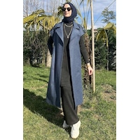 Rabia Şamlı Apoletli İndigo Yelek Normal Rabia Şamlı Apoletli İndigo Yelek Normal