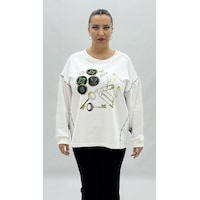 Büyük Beden Pamuklu Taşlı Uzun Kol Oversize Kadın Sweat Beyaz Büyük Beden Pamuklu Taşlı Uzun Kol Oversize Kadın Sweat Beyaz
