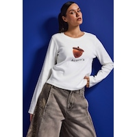 it's basic Kadın Beyaz W5 Oversize Baskılı %100 Pamuk Sweatshirt