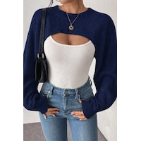 Tarz Cool Kadın Lacivert Dekolteli Crop Triko Bolero Lacivert