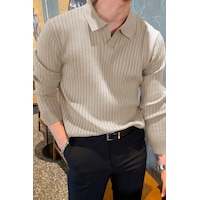 Cool Tarz Erkek Polo Yaka Triko Kazak Slim Fit Fitilli Bej Cool Tarz Erkek Polo Yaka Triko Kazak Slim Fit Fitilli Bej