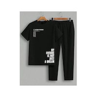 Caddekombin Erkek My Future Is Not Just Baskılı T-shirt Eşofman Altı Jogger Rahat Kalıp Siyah Eşofman Takım Siyah