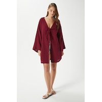 Ritnice Kadın Sandra %100 Pamuk Müslin Bağcıklı Bordo Kimono Bordo