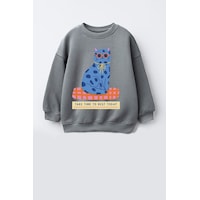 Monila Kız Çocuk 3 İplik Kumaş Pamuklu Kedi Baskılı Sweatshirt Antrasit Monila Kız Çocuk 3 İplik Kumaş Pamuklu Kedi Baskılı Sweatshirt Antrasit