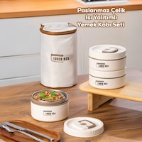 Porsima 25013 Vakumlu 3 Parça Çelik Lunch Box Sefer Tası Çantalı Krem