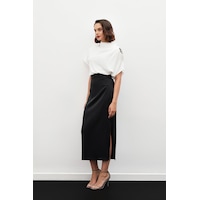 Sateen Bel Pile Detaylı Saten Etek - Siyah Sateen Bel Pile Detaylı Saten Etek - Siyah