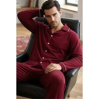 Siyah İnci Erkek Pamuklu Gömlek Yaka Düğmeli Biyeli Pijama Takım Bordo Siyah İnci Erkek Pamuklu Gömlek Yaka Düğmeli Biyeli Pijama Takım Bordo