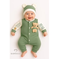 Babyden's Teddy Bear Temalı Yenidoğan Fitilli Tulum Takımı Ayıcıklı Erkek Bebek Tulum Şapka Set %100pamuk Yeşil
