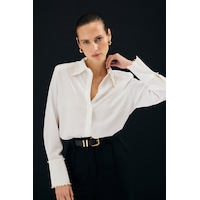 Sateen İşlemeli Gömlek - Ekru-137334 Sateen İşlemeli Gömlek - Ekru-137334