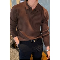 Cool Tarz Erkek Polo Yaka Triko Kazak Slim Fit Fitilli Kahverengi Cool Tarz Erkek Polo Yaka Triko Kazak Slim Fit Fitilli Kahverengi