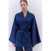 Manuka Saten Kemerli Kimono Lacivert Manuka Saten Kemerli Kimono Lacivert