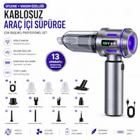 Kablosuz Araç İçi Süpürge 18000pa Güçlü Vakum Üflemeli 13 Aparatlı Type-c Şarjlı El Süpürgesi Gümüş Kablosuz Araç İçi Süpürge 18000pa Güçlü Vakum Üflemeli 13 Aparatlı Type-c Şarjlı El Süpürgesi Gümüş