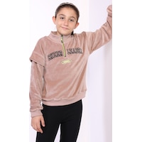 Toontoy Kız Çocuk Fermuar Detaylı Nakışlı Kadife Sweatshirt Kahverengi