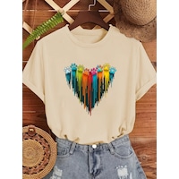 Unisex Sevimli Kedi Patili Kalp Tasarım Basklı Tshirt Bej Unisex Sevimli Kedi Patili Kalp Tasarım Basklı Tshirt Bej