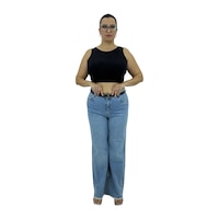 Büyük Beden Denim Kemerli Yüksek Bel Toparlayıcı Bol Paça Kadın Pantolon Mavi