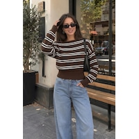 Sayzen Your Shine Trend Kayıkçı Yaka Çizgili Kadın Triko Kazak Kahverengi Sayzen Your Shine Trend Kayıkçı Yaka Çizgili Kadın Triko Kazak Kahverengi