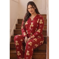 Siyah İnci Desenli Termal Kumaşlı Ultra Soft Yumuşak Büyük Beden Battal Boy Düğmeli Örme Pijama Takımı 26226521 Kırmızı