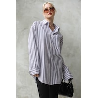 Madmext Gri Çizgili Oversize Kadın Gömlek Mg1688-gri Gri
