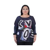 Büyük Beden Çiçek Nakışlı Love Nakışlı Kışlık Oversize Bluz Siyah
