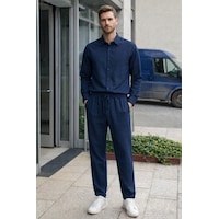 Erkek Oversize Keten Takım Salaş Kesim Gömlek Pantolon Yazlık Kombin Lacivert Erkek Oversize Keten Takım Salaş Kesim Gömlek Pantolon Yazlık Kombin Lacivert