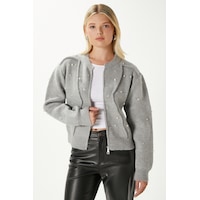 Ritnice Pearl Mont Görünümlü İnci Zımbalı Gri Hırka Gri Ritnice Pearl Mont Görünümlü İnci Zımbalı Gri Hırka Gri