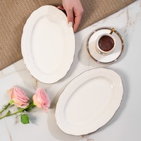 Porsima 4449 Tiffany Porselen Platin Fileli Kayık Tabak Seti - Oval Kahvaltılık Sunumluk Seti 25cm Beyaz