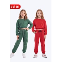 Panios Kids 2'li Yuvarlak Yakalı Beli Lastikli Crop Kesim 4 Parça Kız Çocuk Alt Üst Eşofman Takımı Haki-kırmızı Panios Kids 2'li Yuvarlak Yakalı Beli Lastikli Crop Kesim 4 Parça Kız Çocuk Alt Üst Eşofman Takımı Haki-kırmızı