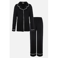Kadın Viskon - Yumuşak Dokulu Düğmeli Biyeli Bol Paça Pijama Takımı Ko6102pj Siyah Kadın Viskon - Yumuşak Dokulu Düğmeli Biyeli Bol Paça Pijama Takımı Ko6102pj Siyah