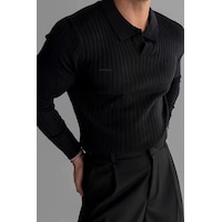 Canlı Siyah Regular Fit Polo Yaka Triko Uzun Kollu Kazak Çok Renkli Canlı Siyah Regular Fit Polo Yaka Triko Uzun Kollu Kazak Çok Renkli