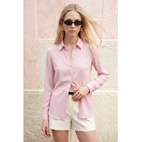 Sateen Düz Klasik Gömlek - Pembe-137785