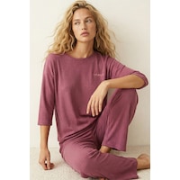 Siyah İnci Soft Touch Ince Örme Nakışlı Pijama Takım Vişne Çürüğü Siyah İnci Soft Touch Ince Örme Nakışlı Pijama Takım Vişne Çürüğü
