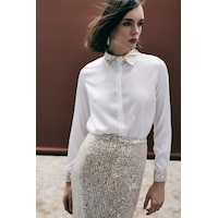 Sateen Payet Detaylı Saten Gömlek - Bej-136686 bej Sateen Payet Detaylı Saten Gömlek - Bej-136686 bej