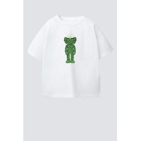 Monila Erkek Çocuk Pamuklu Bisiklet Yaka Baskılı T-shirt Ekru - Anis Yeşili