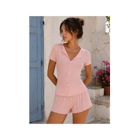 Pijamask Kadın Pudra Kaşkorse Kısa Kollu Şortlu Pijama Takımı Düğme Detaylı Yazlık Ev Giyim Pembe Pijamask Kadın Pudra Kaşkorse Kısa Kollu Şortlu Pijama Takımı Düğme Detaylı Yazlık Ev Giyim Pembe