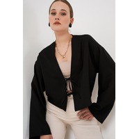 Bigdart Önü Bağlamalı Keten Kimono 960 - Siyah Bigdart Önü Bağlamalı Keten Kimono 960 - Siyah