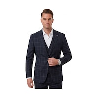 Deepsea Erkek Koyu Lacivert Slim Fit 3 Lü Takım Elbise Yelekli Ekose Desenli Çift Düğme Takım Elbise 2600501 Deepsea Erkek Koyu Lacivert Slim Fit 3 Lü Takım Elbise Yelekli Ekose Desenli Çift Düğme Takım Elbise 2600501
