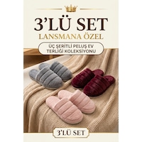 3 Lü Avantajlı Paket Kışlık Peluş Desenli Sessiz Ortopedik Taban Çeyiz Misafir Ev Terliği Seti 3'lü Paket Bost