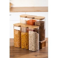 Porsima 7-3 Bambu Vakumlu Kapaklı Kare Borsilikat Cam 6lı Kavanoz Seti Saklama Kabı 1900ml 9,5x27cm Ahşap - Şeffaf Porsima 7-3 Bambu Vakumlu Kapaklı Kare Borsilikat Cam 6lı Kavanoz Seti Saklama Kabı 1900ml 9,5x27cm Ahşap - Şeffaf