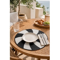 Boncuk İşlemeli Amerikan Servis 2'li Set Yuvarlak Supla 36x36 Cm Siyah Beyaz Siyah - Beyaz