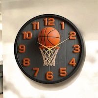 AA Shop Basketbol Top Pota Renkli Baskı Desenli Sayılı Hediyelik Ahşap Sessiz Tablo Duvar Saati 59 Renkli