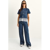 Kadın Dantel Detaylı Kısa Kollu Ceket Wide Leg Denim Pantolon Takım 8211 60286152 - Lacivert Kadın Dantel Detaylı Kısa Kollu Ceket Wide Leg Denim Pantolon Takım 8211 60286152 - Lacivert