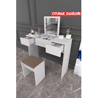 Dekorfim DF02101B Çekmeceli Aynalı Tabureli Puflu Makyaj Masası
