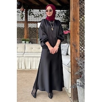 Rabia Şamlı Saten Etekli Takım Siyah Normal Rabia Şamlı Saten Etekli Takım Siyah Normal